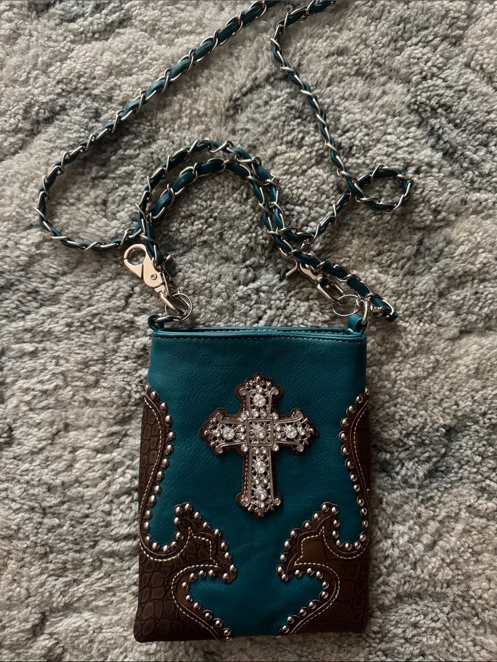 Rustic Couture leather Teal Cross Rhinestone Crossbody